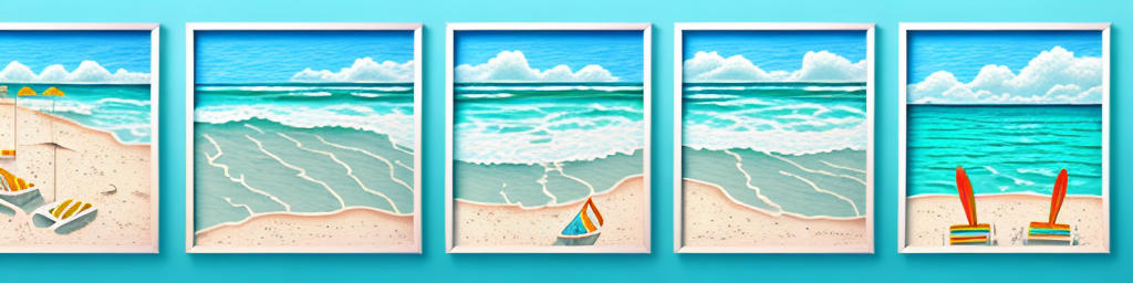 A beach scene with framed prints hung on a wall or fence