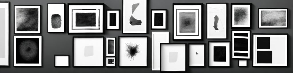 A wall with framed black and white prints hung up in an aesthetically pleasing arrangement