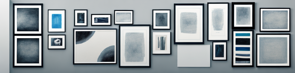 A wall with a variety of large framed prints hung on it