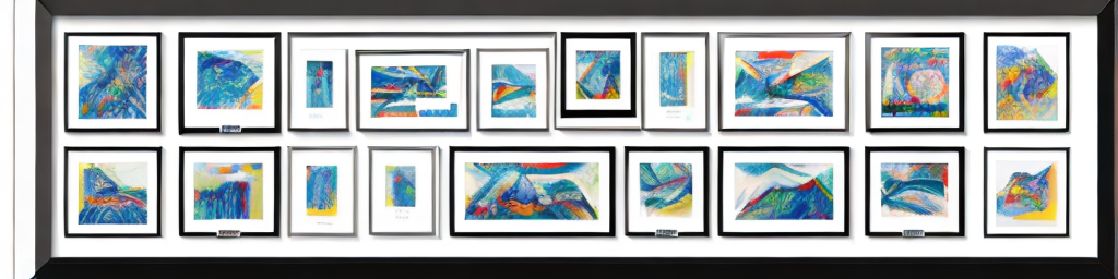 A variety of kmart framed prints in a home setting