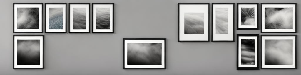 A wall with a selection of framed photo prints in various sizes and styles