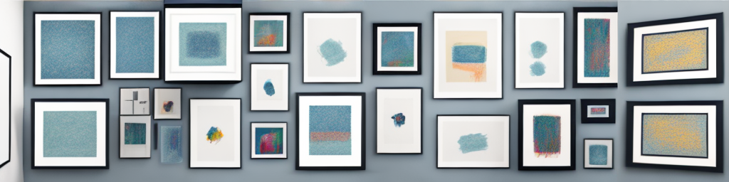 A variety of framed prints in a gallery setting